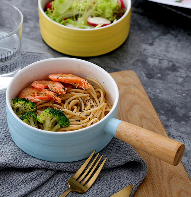 Ceramic Noodle Pot with Wooden Handle and Salad Bowl
