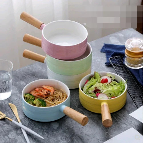 Ceramic Noodle Pot with Wooden Handle and Salad Bowl