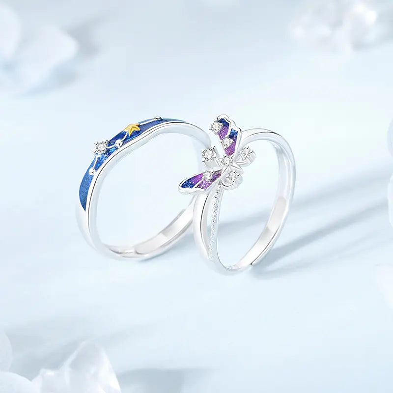 Starry Butterfly Lovers Couple Ring in Pure Silver