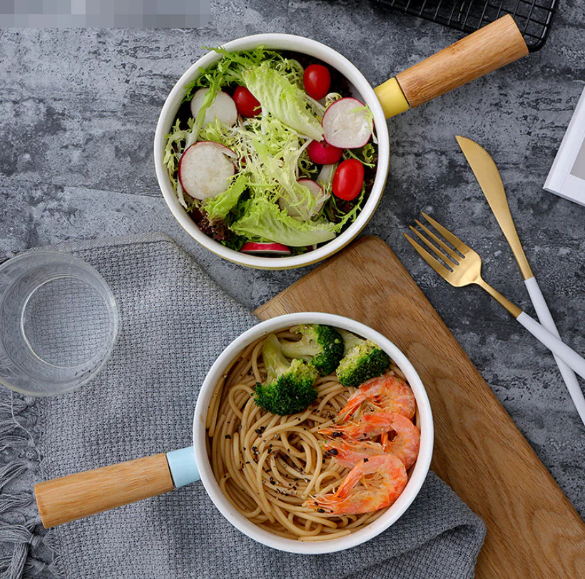 Ceramic Noodle Pot with Wooden Handle and Salad Bowl