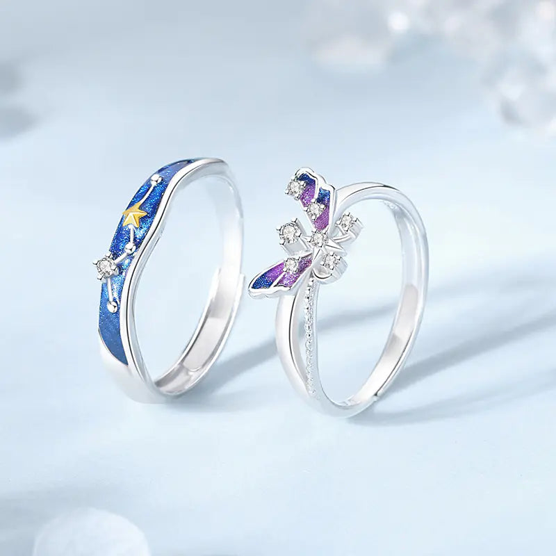 Starry Butterfly Lovers Couple Ring in Pure Silver