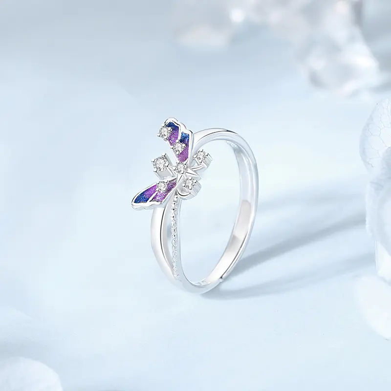 Starry Butterfly Lovers Couple Ring in Pure Silver