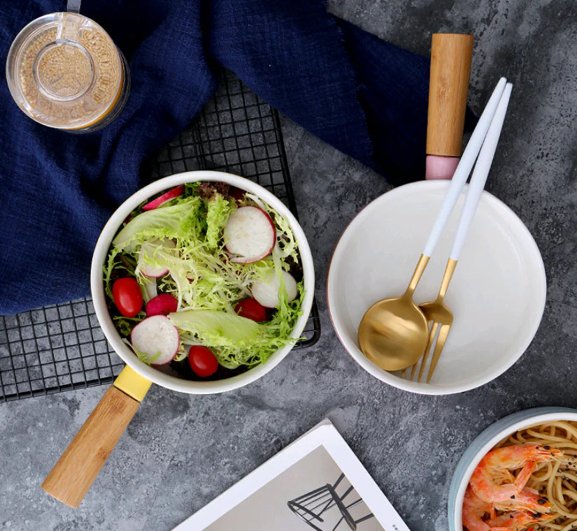 Ceramic Noodle Pot with Wooden Handle and Salad Bowl